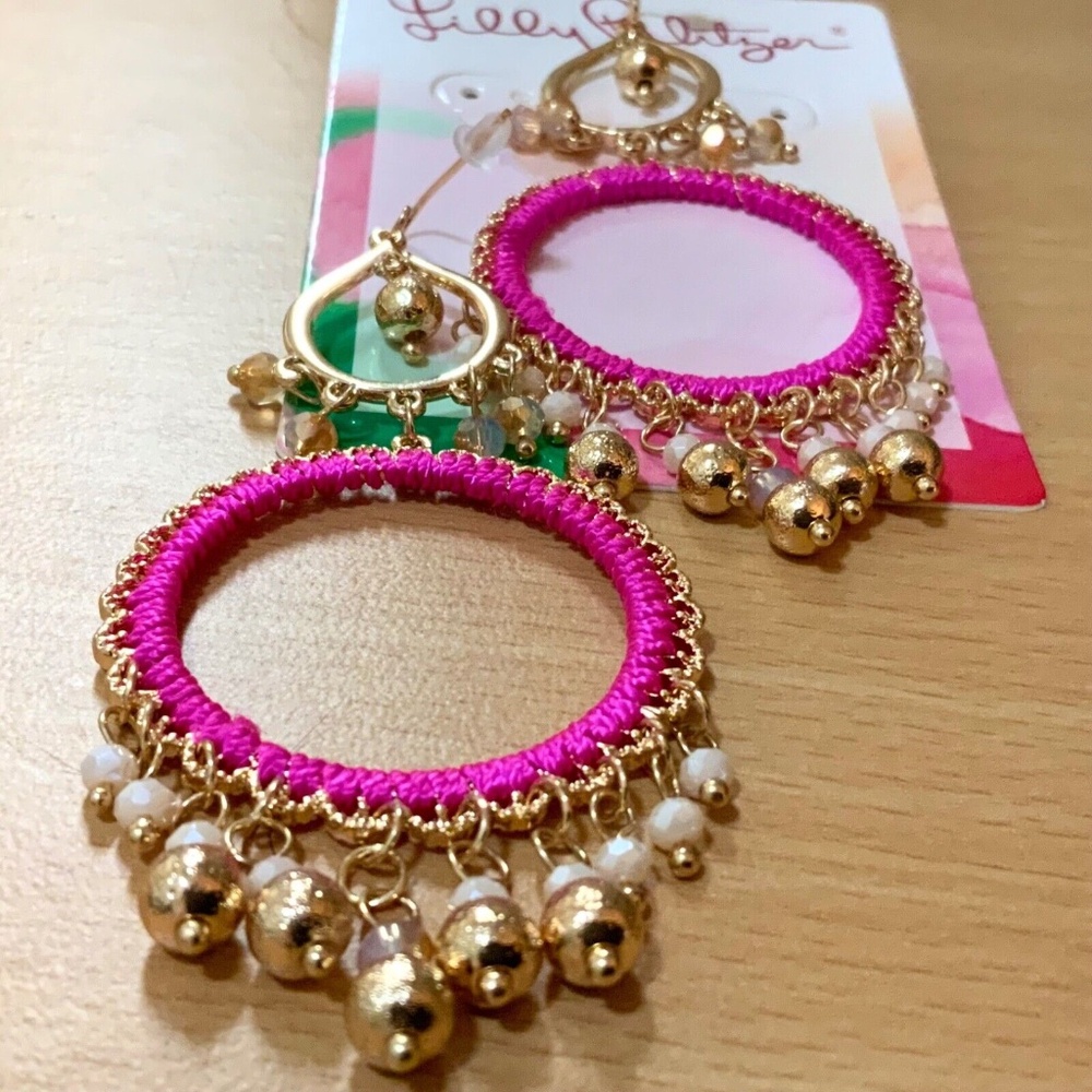 LILLY PULITZER NWT EARRINGS BEACHCOMBER Gypsy Boho HOT PINK ⭐️DANGLING /Pierced - Picture 15 of 16